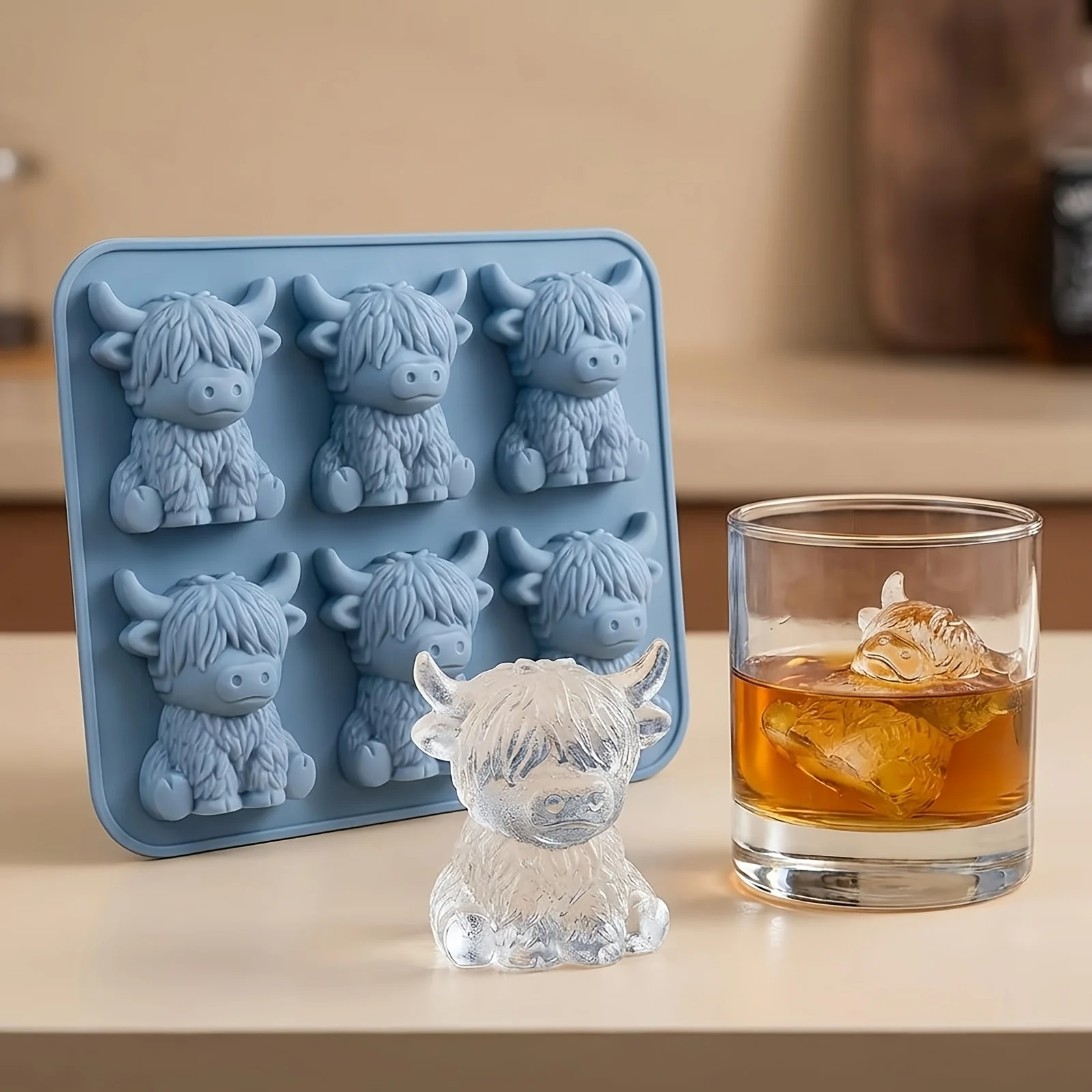 Forma de Gelo em Silicone 3D de Vaca Highland Mini, Bandeja de Gelo Fofa em Formato de Vaca para Uísque, Coquetéis, Café, Molde de Gelo Reutilizável em Formato de Vaca para Bebidas