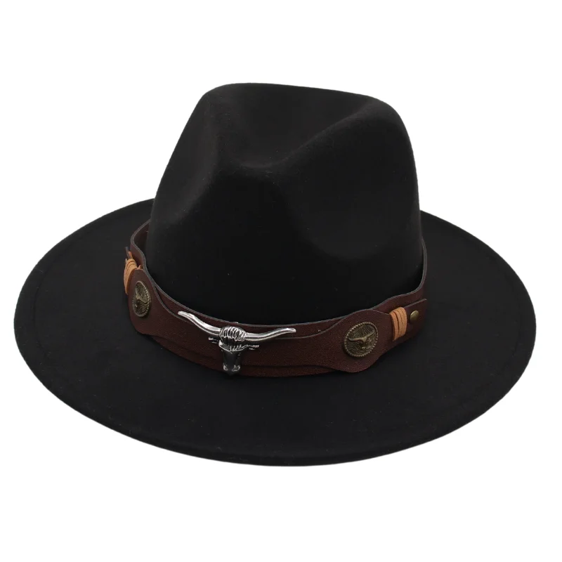 

New Travel Classic Men Fedora Hats With Bull Shaped Decor Autumn Winter Women Jazz Felt Hats Retro British Flat Brim Church Hat