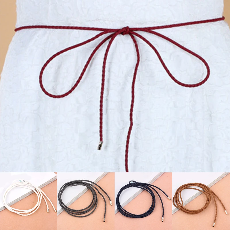 1Pc 160cm PU Leather Ultra-thin Waist Chain Women Waist Rope Alloy Pendant Solid Color Braided Belt Woven Knotted Straps Fashion