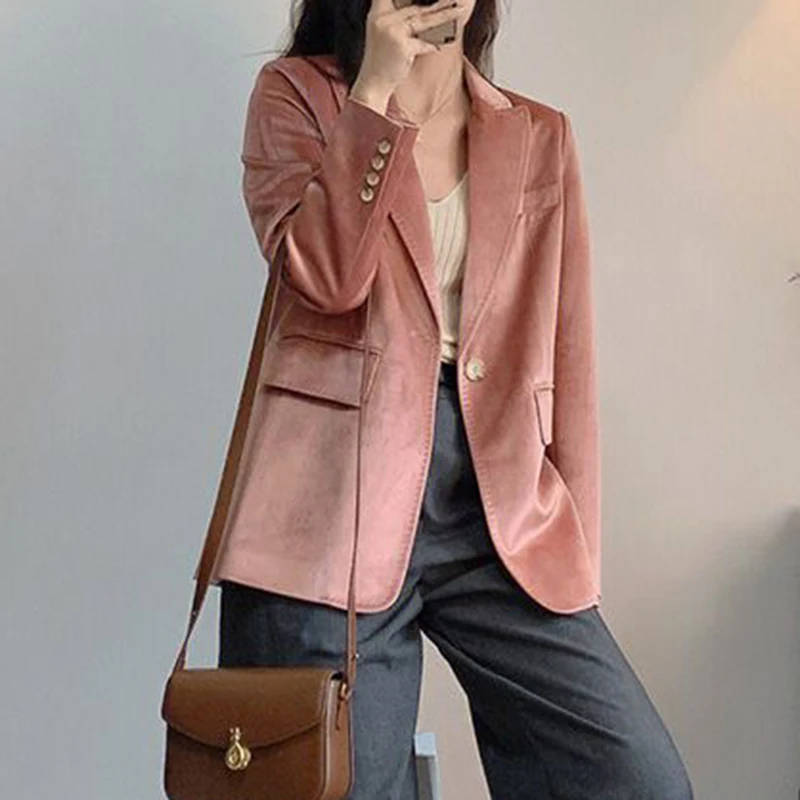 Spring Western Style Unique Sweet and Spicy Fairy Fragrance Dried Rose Pink Velvet Suit Coat for Women