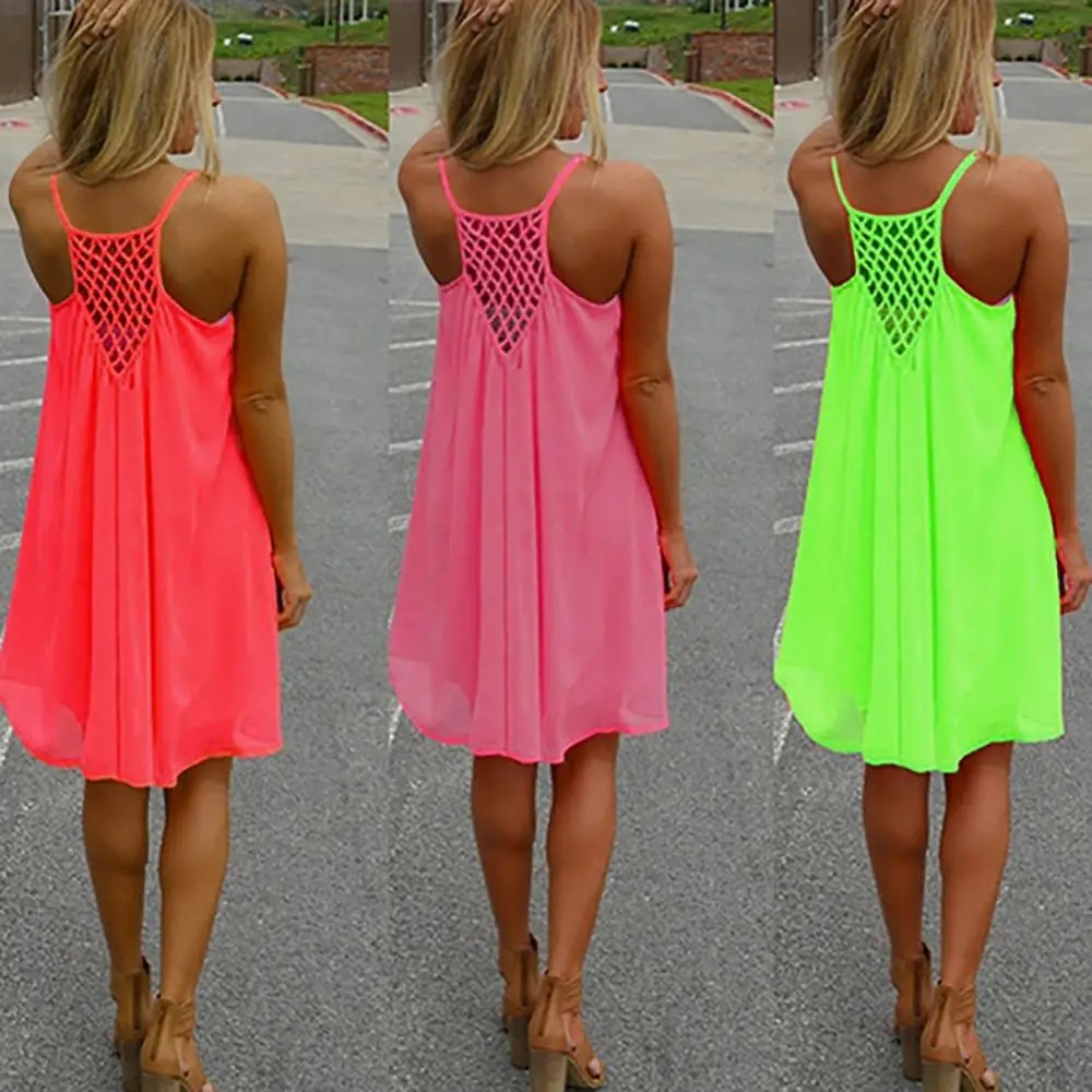 Sexy Women\'s Summer Casual Sleeveless Strap Backless Beach Dress for Evening Party Vacation Dress Backless Lady Beach Dress
