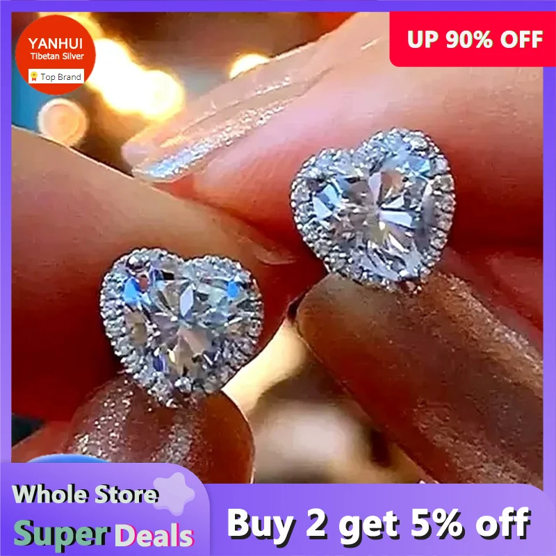 Original 925 Silver Needle Earrings Cute Heart Cubic Zirconia Stud Earrings Wedding Jewelry (If Fake, Refund 10 Times The Price)