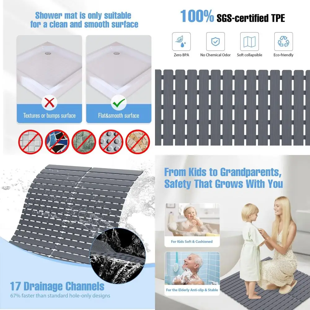 

Non-Slip Shower Mat for Tub and Shower Stall, 200+ Cups, Drain Holes, Quick Dry, Washable, Safe Grip for Elderly & Baby, 24x24 I