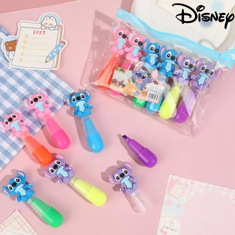 6 Stück Disney Stitch Bagged Mini Textmarker Lilo & Stitch Cartoon 6 Farben Diy Handbuch Stift Niedlicher Student Marker Briefpapier Geschenk