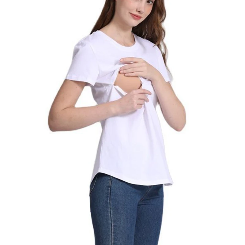 ALTERSummer T-shirt en coton à manches courtes pour femmes enceintes, fermeture éclair invisible, vêtements d\'allaitement, haut, 2023