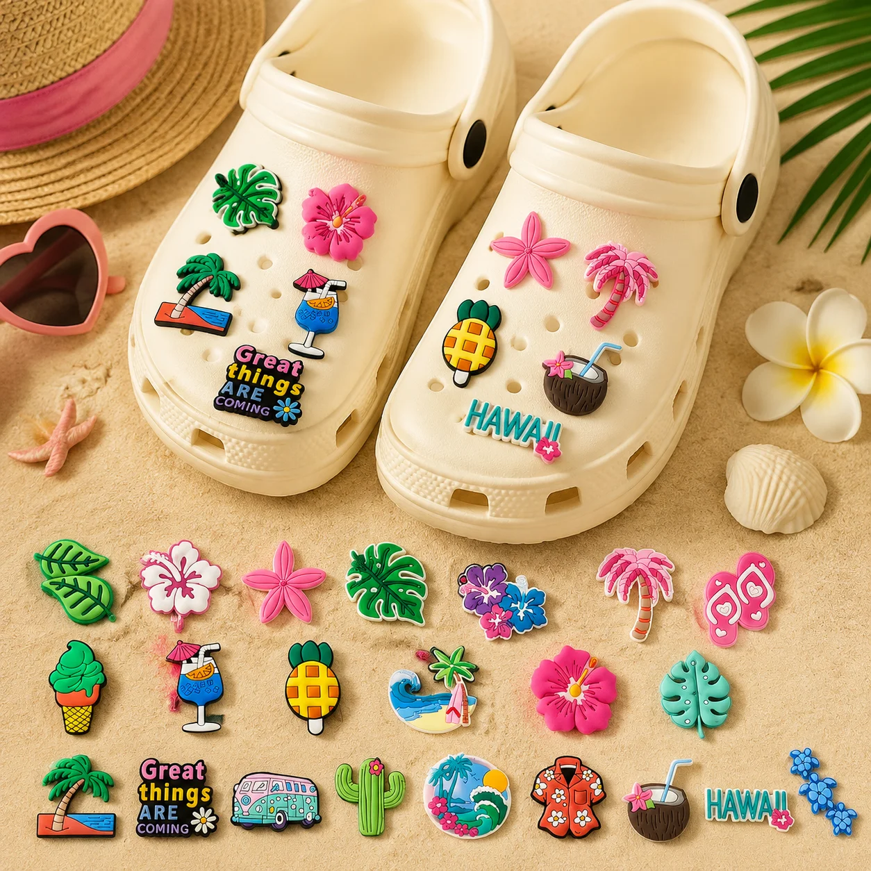 1/25PCS Summer Tropical Shoe Charms Set DIY Decorative Pins Palm Tree Hibiscus Pineapple Clogs Accessories Shoe Buckle Gifts