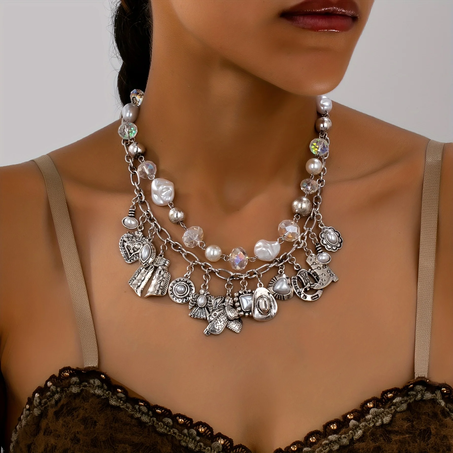 One Bohemian Western Retro Style Double Layer Necklace, Faux Pearl Beads with Heart, Boot, Hat, Flower & Eagle Pendants, Women Necklace for Daily and Vacation Wear