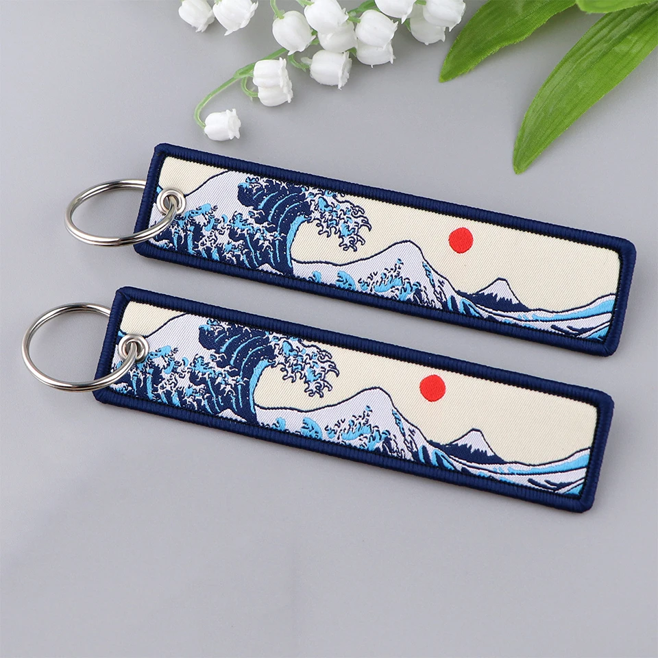 1/2pcs Japanese Waves Art Drawing Embroidery Fobs Backpack Key Tags Motorcycles Keychain Keyrings Cosplay Accessories Gift