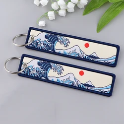 1/2pcs Japanese Waves Art Drawing Embroidery Fobs Backpack Key Tags Motorcycles Keychain Keyrings Cosplay Accessories Gift