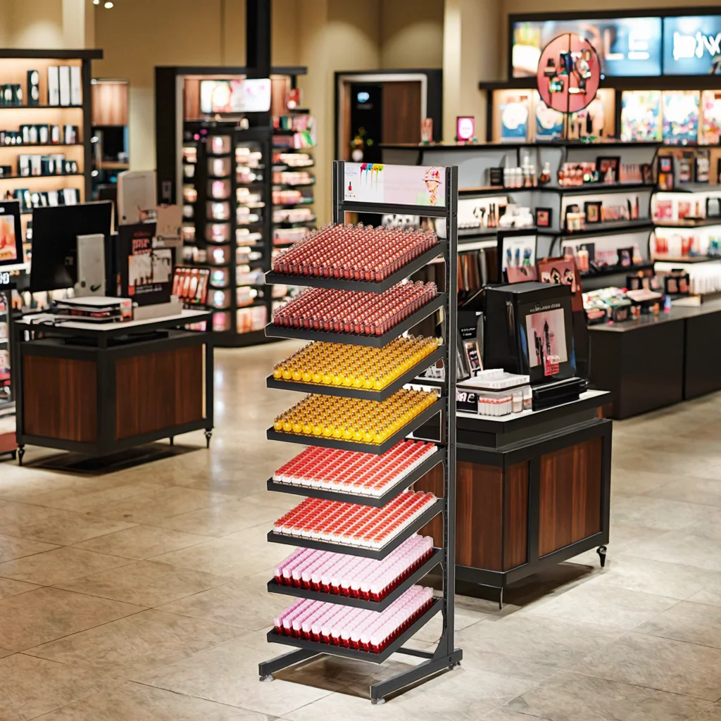 Modern Beauty Store Display Rack Stand For Cosmetic Skin Care Products Featuring Essential Oil Perfume Lip Gloss Nail Polish