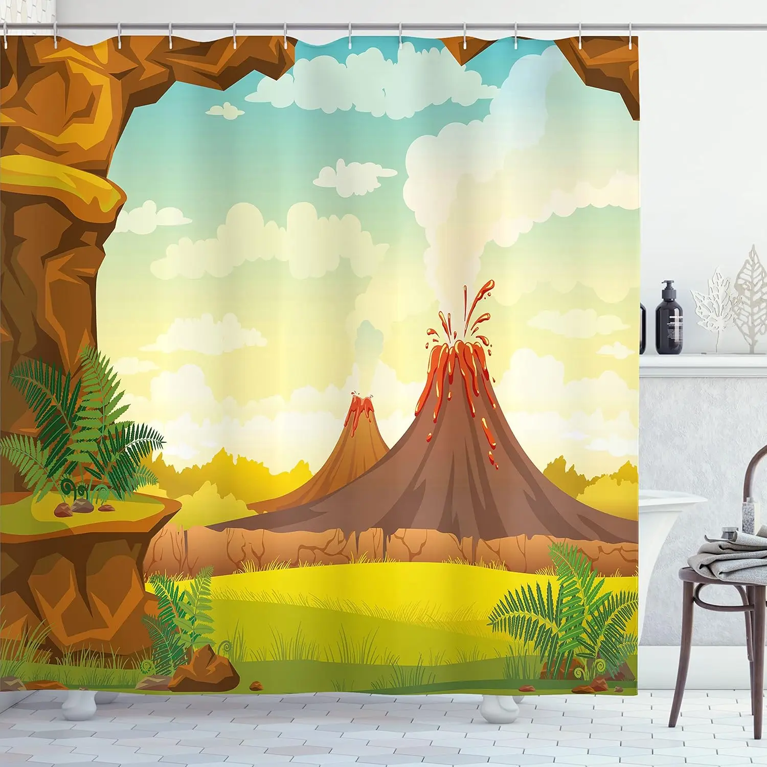

Volcano Shower Curtain Cartoon Landscape Dinosaur Era Kids Bathroom Decor Prehistoric Theme Linen150x180