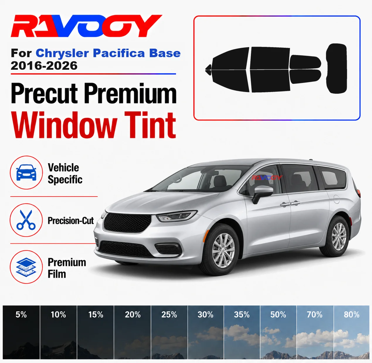 

Premium Precut Window Tint Kit Front Windows Rear Windows Rear Windshield For Chrysler Pacifica Base 2016-2026 Nano Ceramic Film