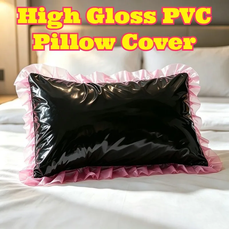 Black Mirror High Gloss PVC Pillowcase Pink Ruffle Edge Stain Resistant Wipeable Unique Adult Pillow Cover Decorative Household
