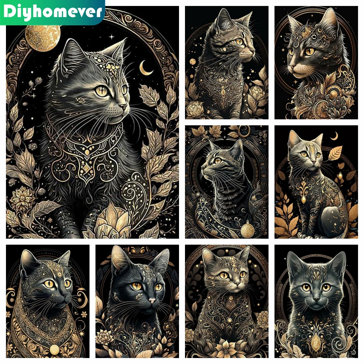 

DIY Diamond Painting with Rhinestones, Mosaic Art, Cross Stitch, Black Golden Cat, Moon, Flowers, Embroidery, Home Decor, Gift