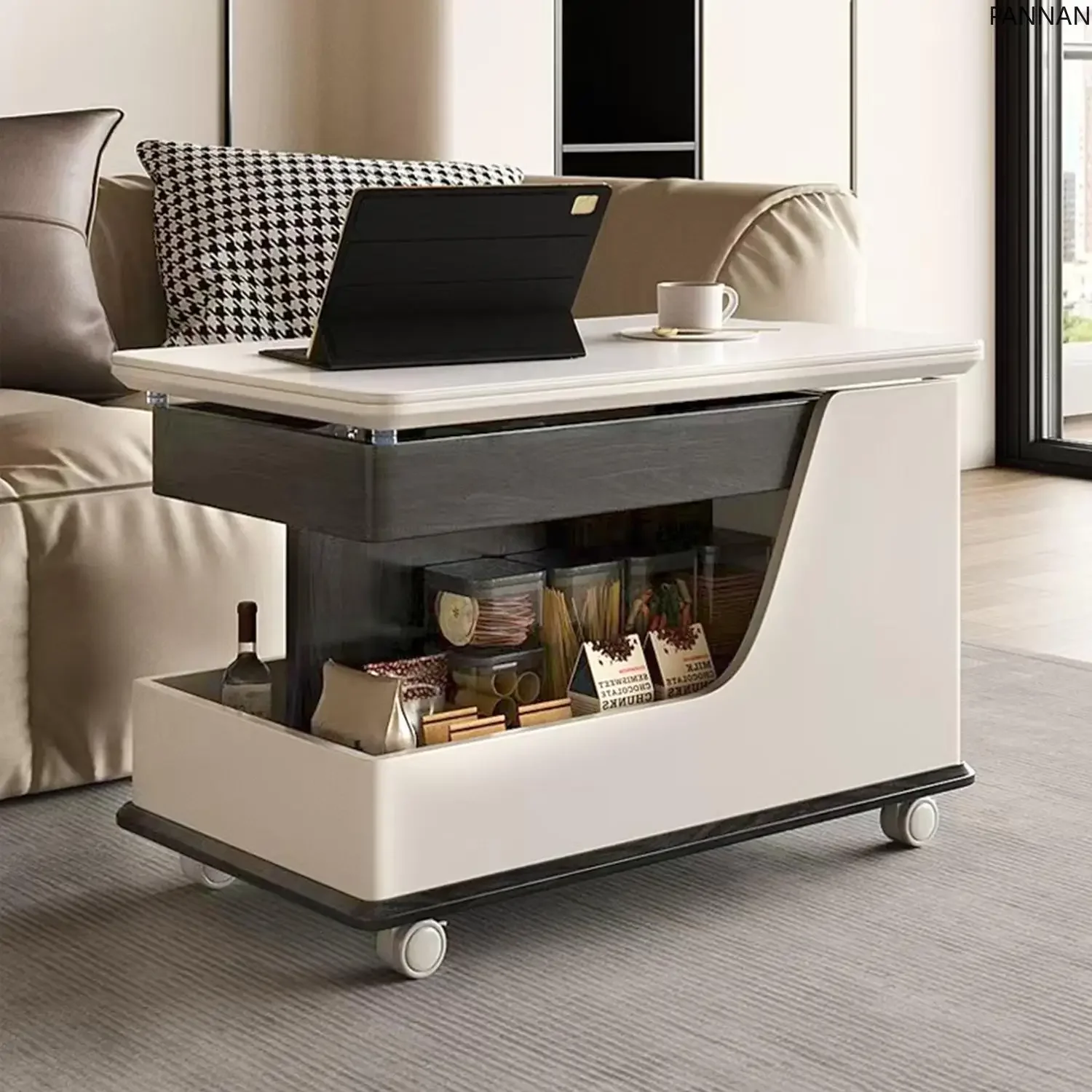 Medieval style trolley lifting retro multi-functional side cabinet solid wood movable side table coffee table