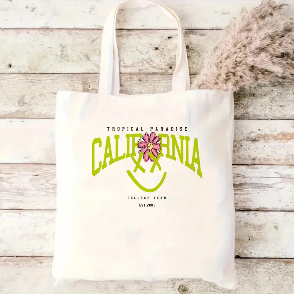 

California Tropical Paradise Smile Flower Canvas Tote Bag, Casual Shoulder Bag for Shopping, School, Beach, Reusable Bag