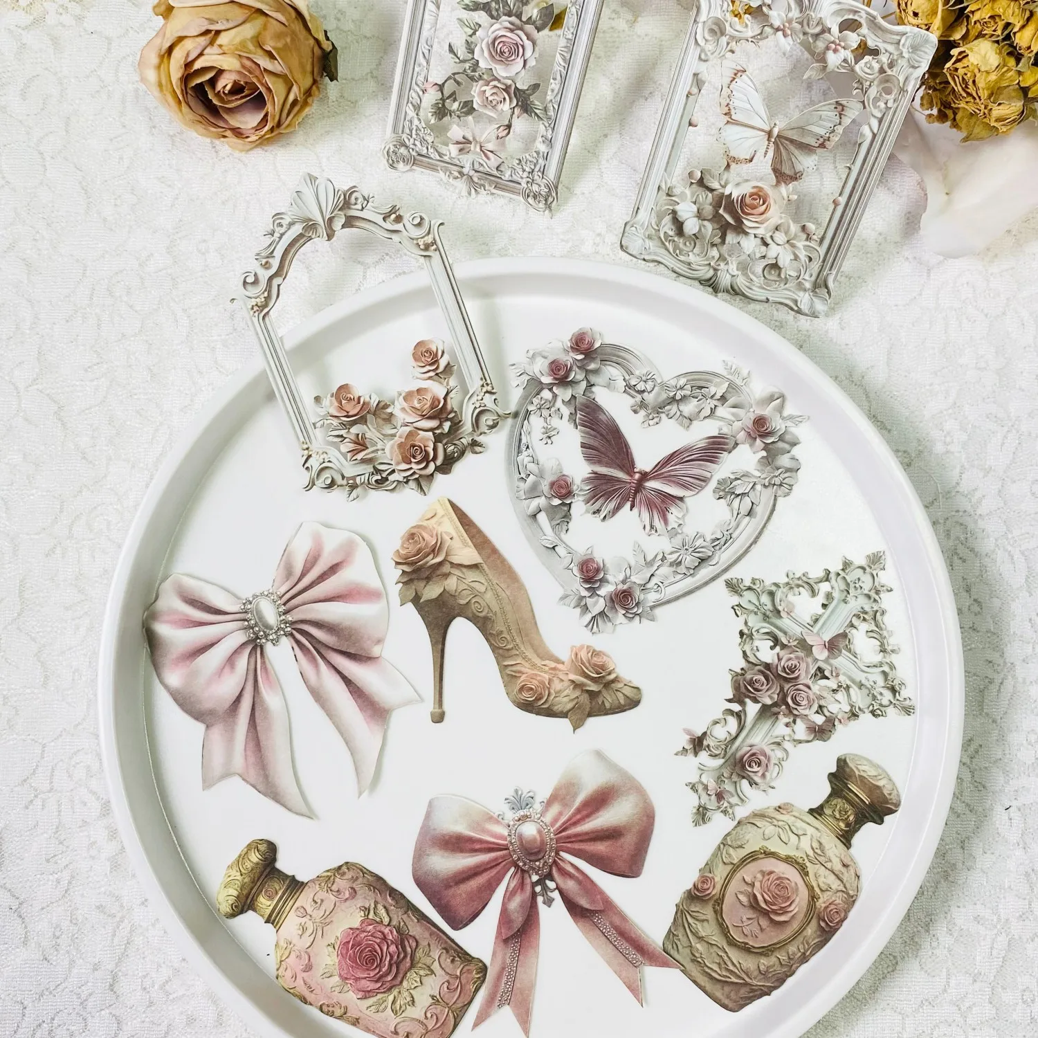 Journamm 10 أوراق ورق مجوف مواد ديكور مجموعة عتيقة ملصقات سجل القصاصات إطار زهرة مجوف ملصقات كتيب مجمعة #4