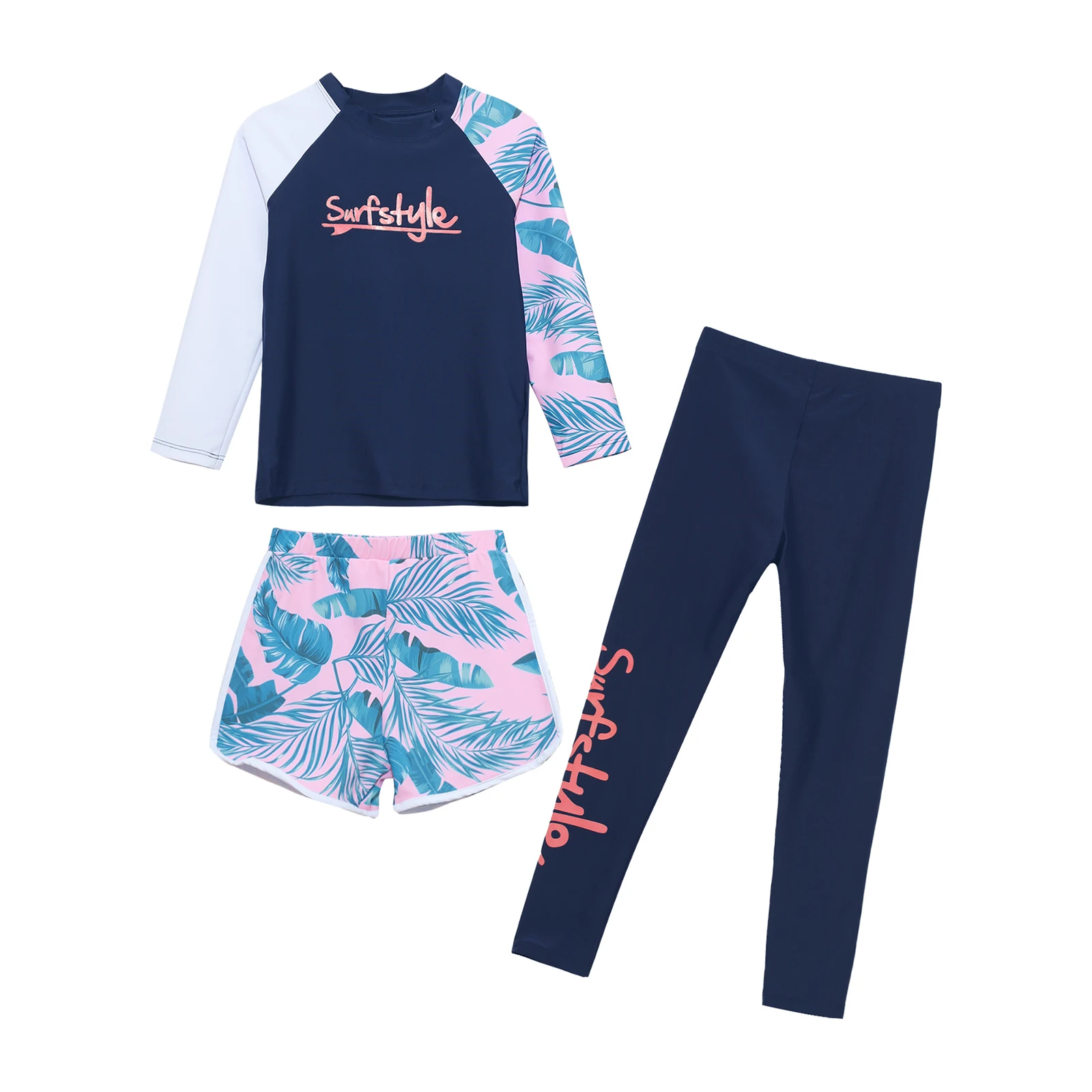 Kids 3 Pcs Set Swimwear Rash Guards Long Sleeve Print Swim Top with Shorts Pants Sun Protection Surfing Swimsuit Bathing Suit