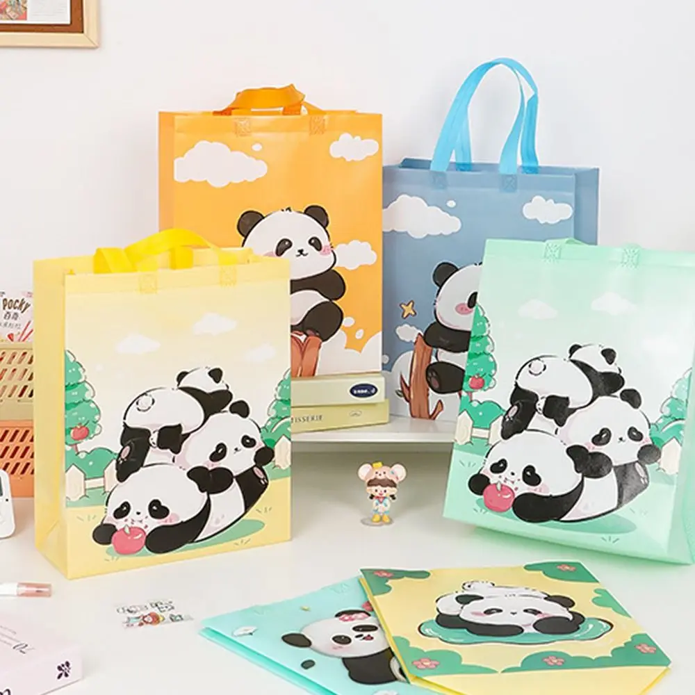 Tas jinjing kapasitas besar kartun Panda tanpa anyaman dengan pegangan tas penyimpanan lipat warna-warni tas belanja ramah lingkungan liburan