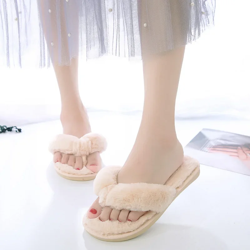 Warm Fluffy Slippers Women Cozy Faux Fur Cross Indoor Floor Slides Flat Soft Furry Shoes Ladies Female Celebrities Flip Flops