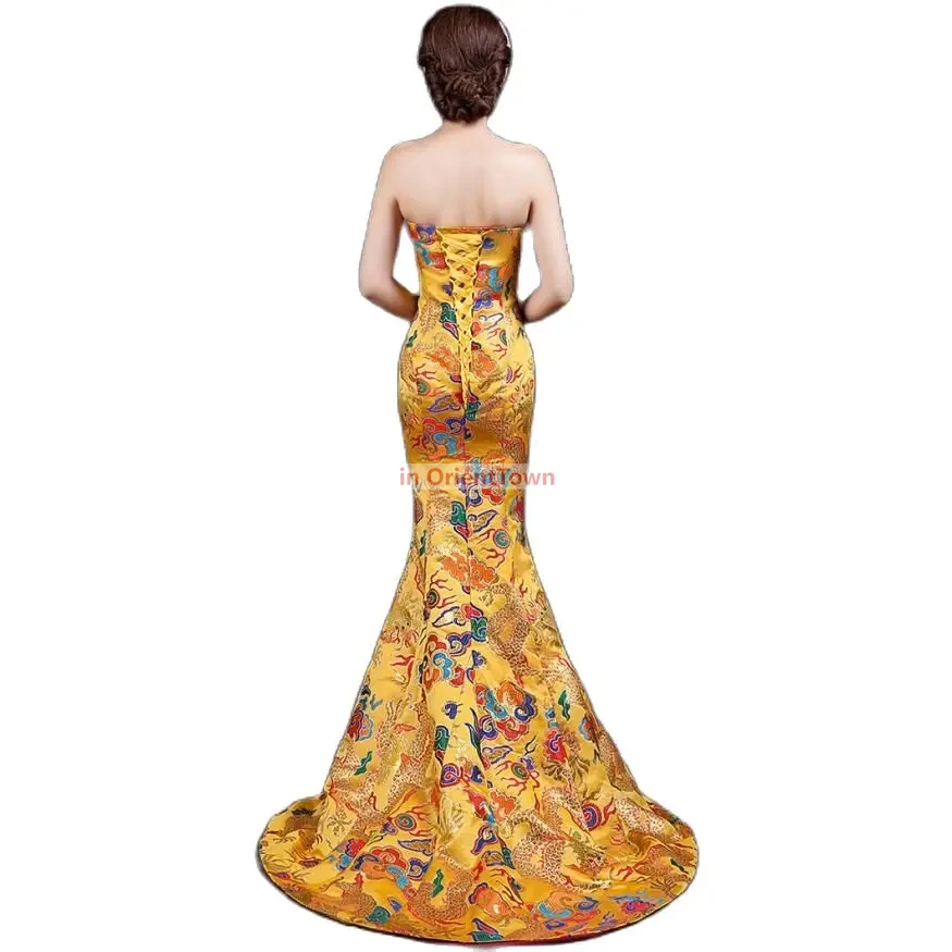 China Long Qipao Sexy Wedding Dress Oriental Gown Red and Gold Chinese Style Vestido Traditional Clothing Trailing Cheongsam