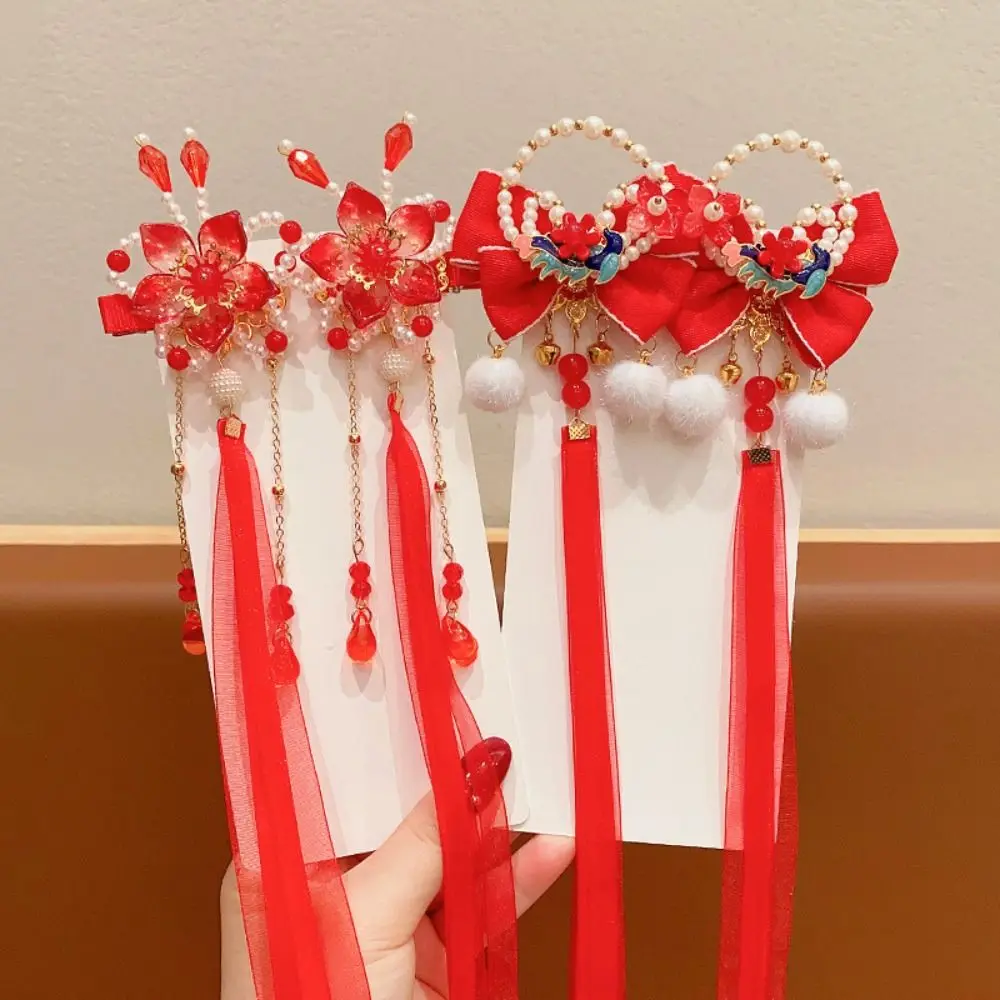 Ribbon Red Bow Hair Clip Fringe Head Wear Princess Forehead Chain Tang Suit Hair Clip New Year Plush Ball Hairpin Headwear