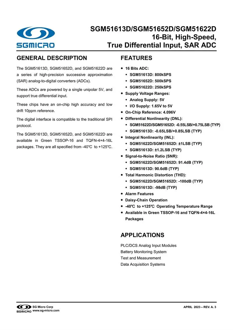 2Pcs/Lot SGM51613DXTQE16G/TR TQFN-16,16-Bit, High-Speed,True Differential Input, SAR ADC,electronics