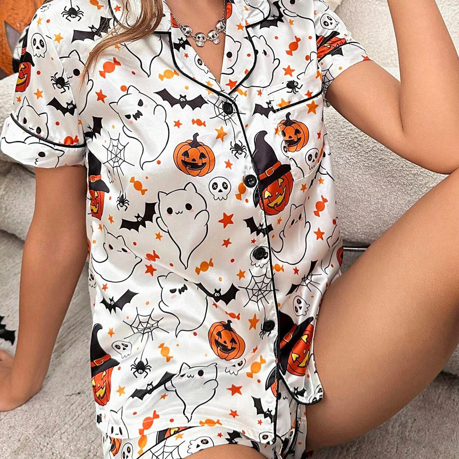 Women Halloween Pajama Sets Gothic Ghost Pumpkin Print Short Sleeve Button Satin Shirts Shorts Sleepwear Loungewear Homewear