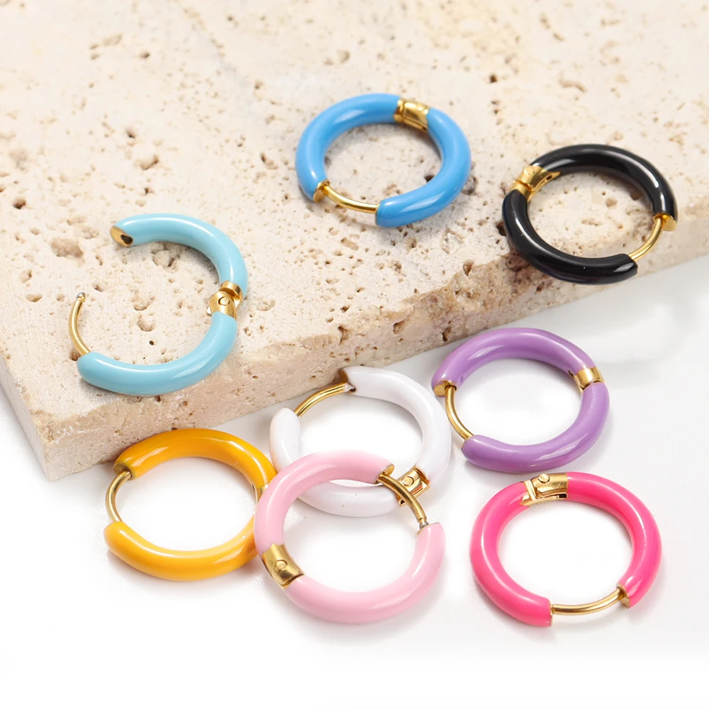 

1Pair Stainless Steel Multicolor Dripping Oil Enamel Round Hoop Earrings Summer Gifts Party Jewelry Bulk