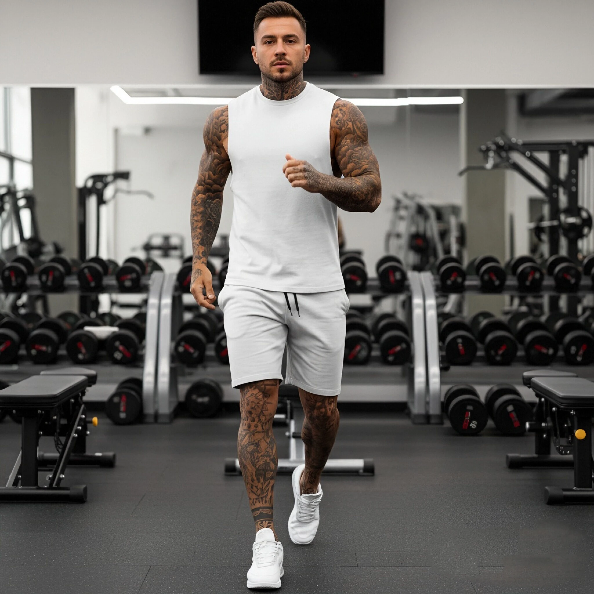 

Комплект для фитнеса в американском стиле: майка и шорты для мужчин, для тренировок, без рукавов, из ледяного шелка, приятный к телу, с подплечниками