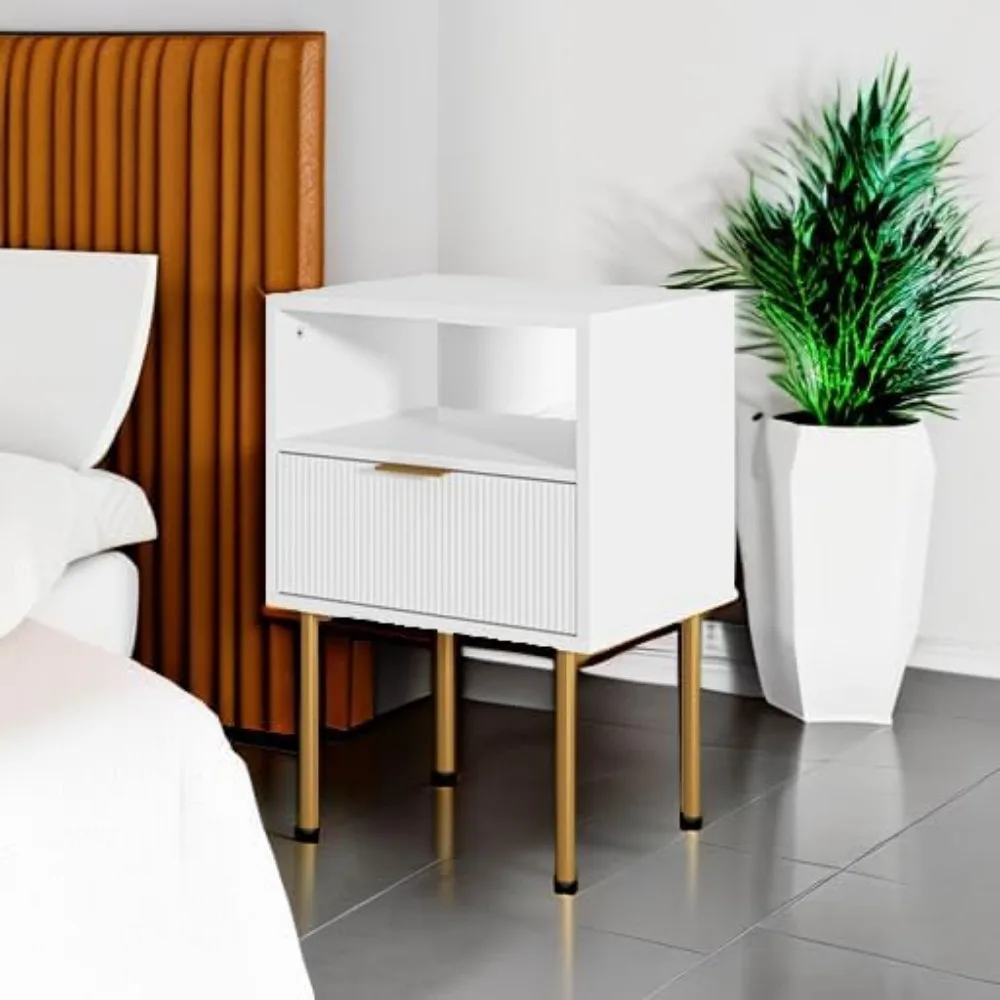 منضدة بيضاء حديثة بإطار ذهبي ودرج ورف لتخزين غرفة النوم وغرفة المعيشة