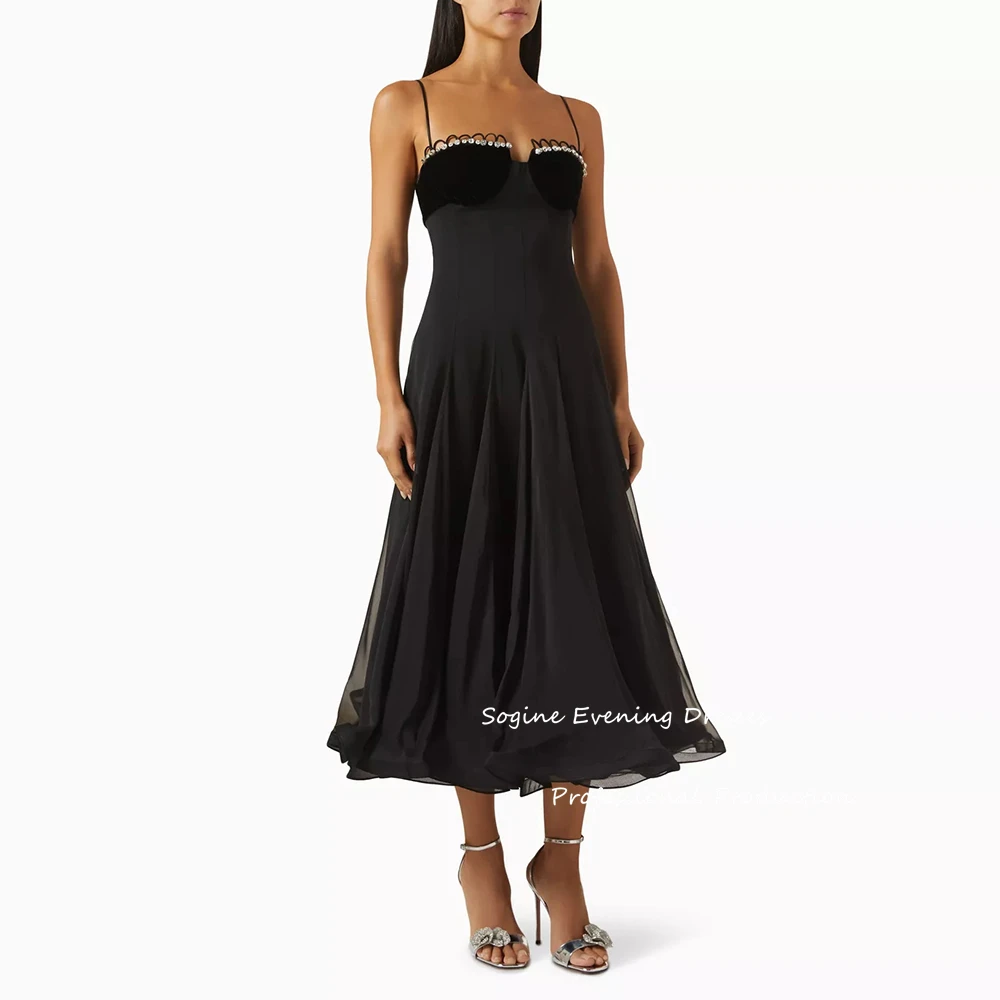 Spaghetti Strap Evening Dresses For Sexy Women Crystal-Trim Midi Dress A-Line فساتين سهرة Cocktail Party Gowns