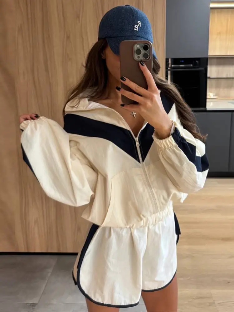 Casual Paneled Contrast Women's Shorts Set Stand Collar Zipper Full Sleeve Jackets Elastic Waist Short Pant 2026 Lady Tracksuits