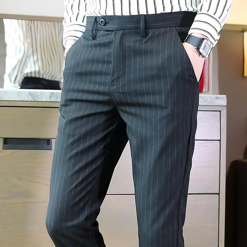 Business Man Suits Pants Slim Fit Striped Social Tailoring Tressed Trousers for Men Clothes Offer Spring High Quality Slacks Up