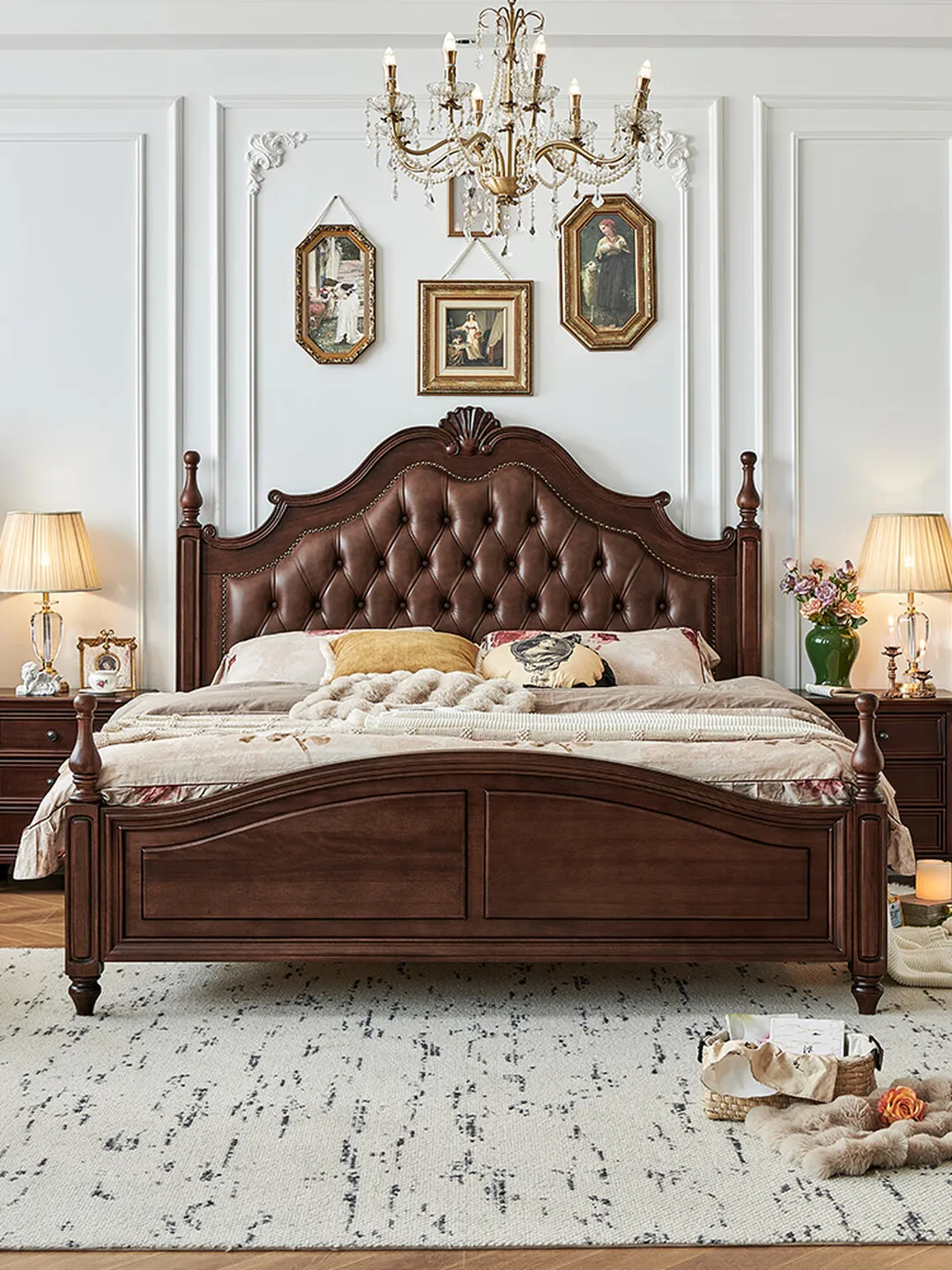 French retro style, double American soft bag, high box storage atmosphere master bedroom furniture