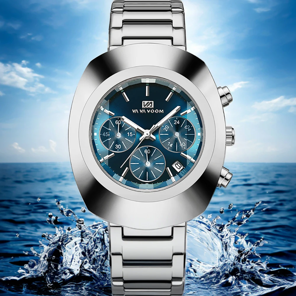 VA VA VOOM Silver Watch Men Sport Leisure Style Steel Strap Fashionable Oval Dial Multifunctional Running Second AAA Watch 2026