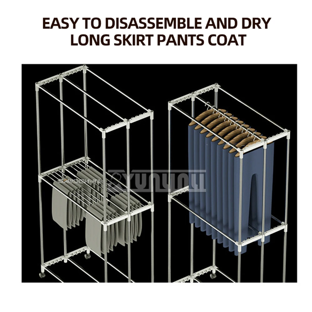 Pengering pakaian rumah tangga portabel 1500W, pengering pakaian rumah tangga kapasitas besar dapat dilipat 8 kunci Remote Control 3 lapis kering