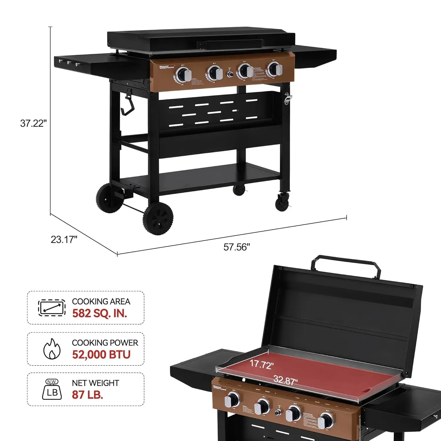 Bronze 4 Burner Flat Top Griddle Hood 52000BTU 582sqin Electronic Ignition Foldable Shelves Lockable Wheels Outdoor Grill