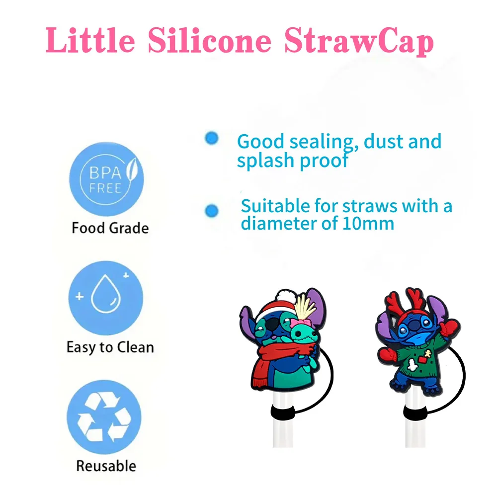 MINISO Disney Christmas Stitch Straw Cover Cap 10MM Drink Straw Plug Reusable Fit Cup Accessories Straw Cap Charms Pendant Gift