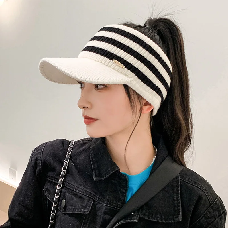 2022 New Winter Hat for Women Empty Top Baseball Caps Fashion Stripe Female Autumn Warm Casual Visor Caps Outdoor Sports Hats