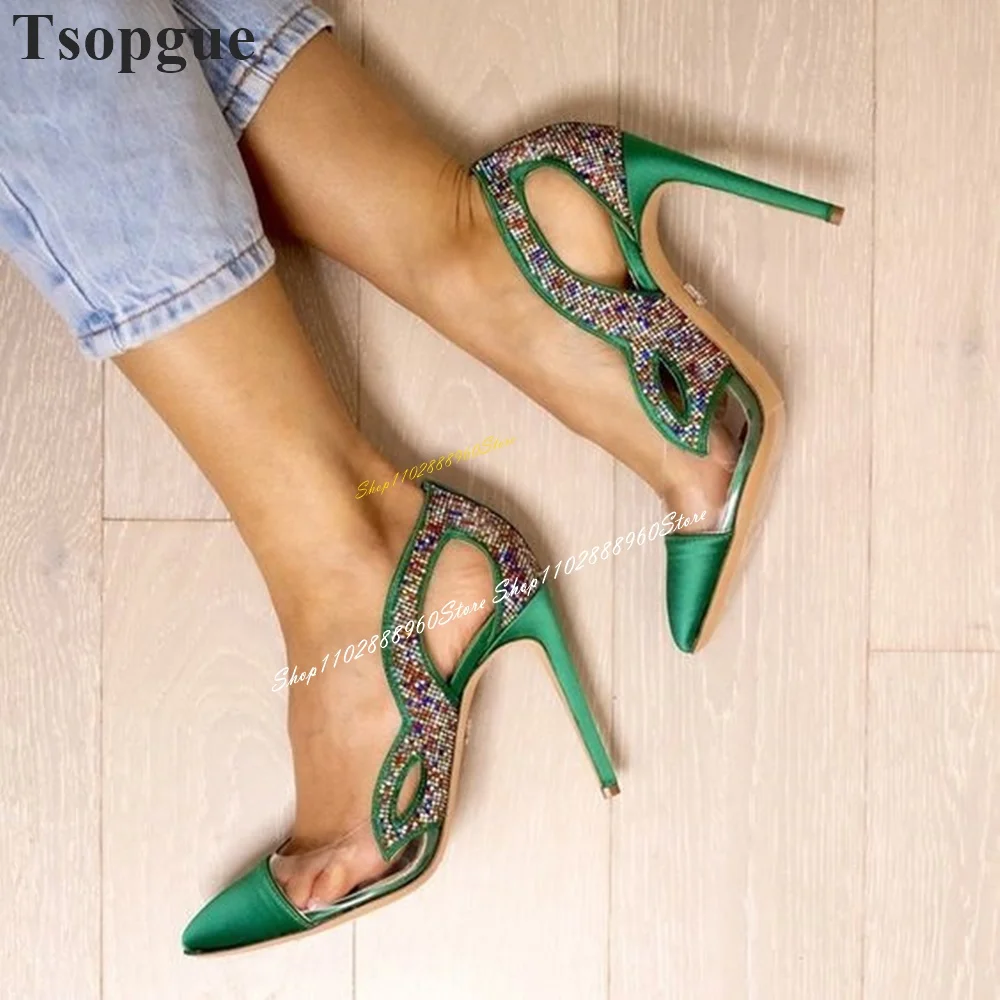 Bling Green Clear PVC Crystal Hollow Pumps Thin High Heel Women Shoes Slip On Pointed Toe 2024 Fashionable Zapatos Para Mujere