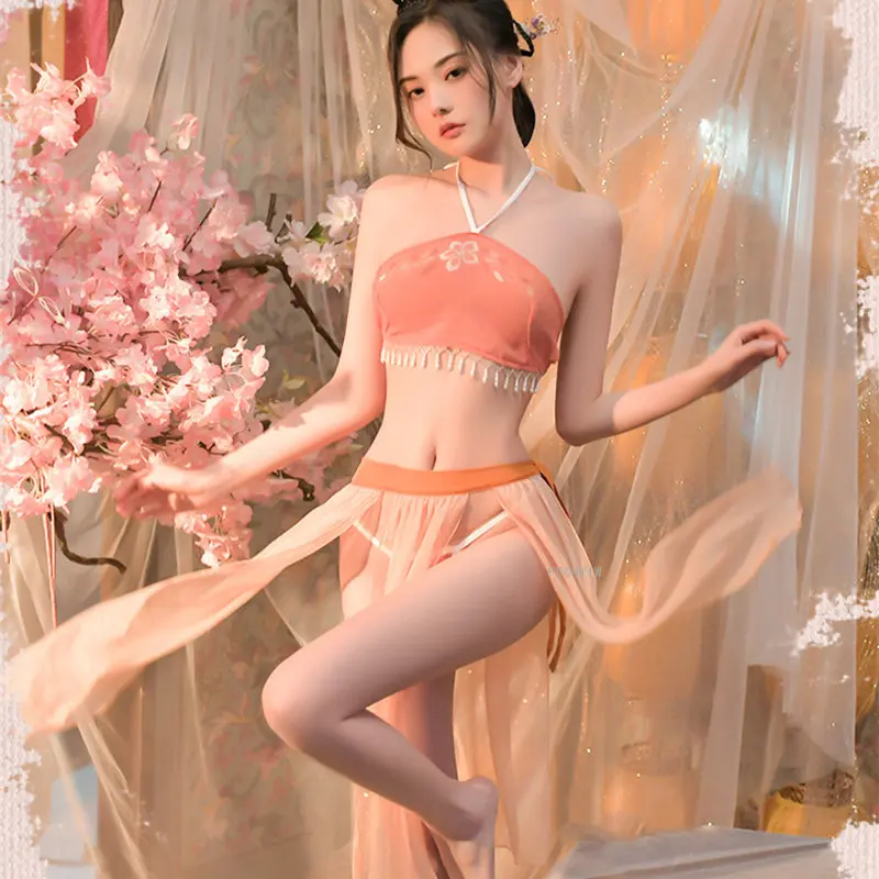 Chinese Classical Skirt Costumes Vintage Dancer Traditional Hanfu Sexy Lingerie Apron Thong Robe Suit Women's Erotic Underwear image 4
