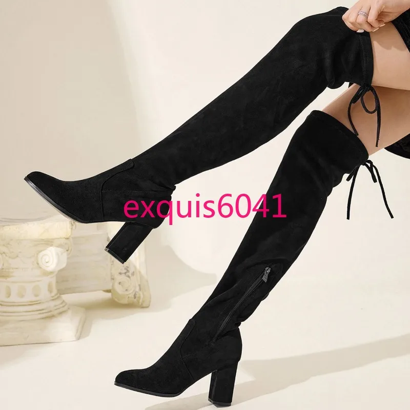New Women's Sexy Fashion Coarse Heel High Heel Boots Back Lace-Up Design High Heel Over Knee Boots Size 35-42