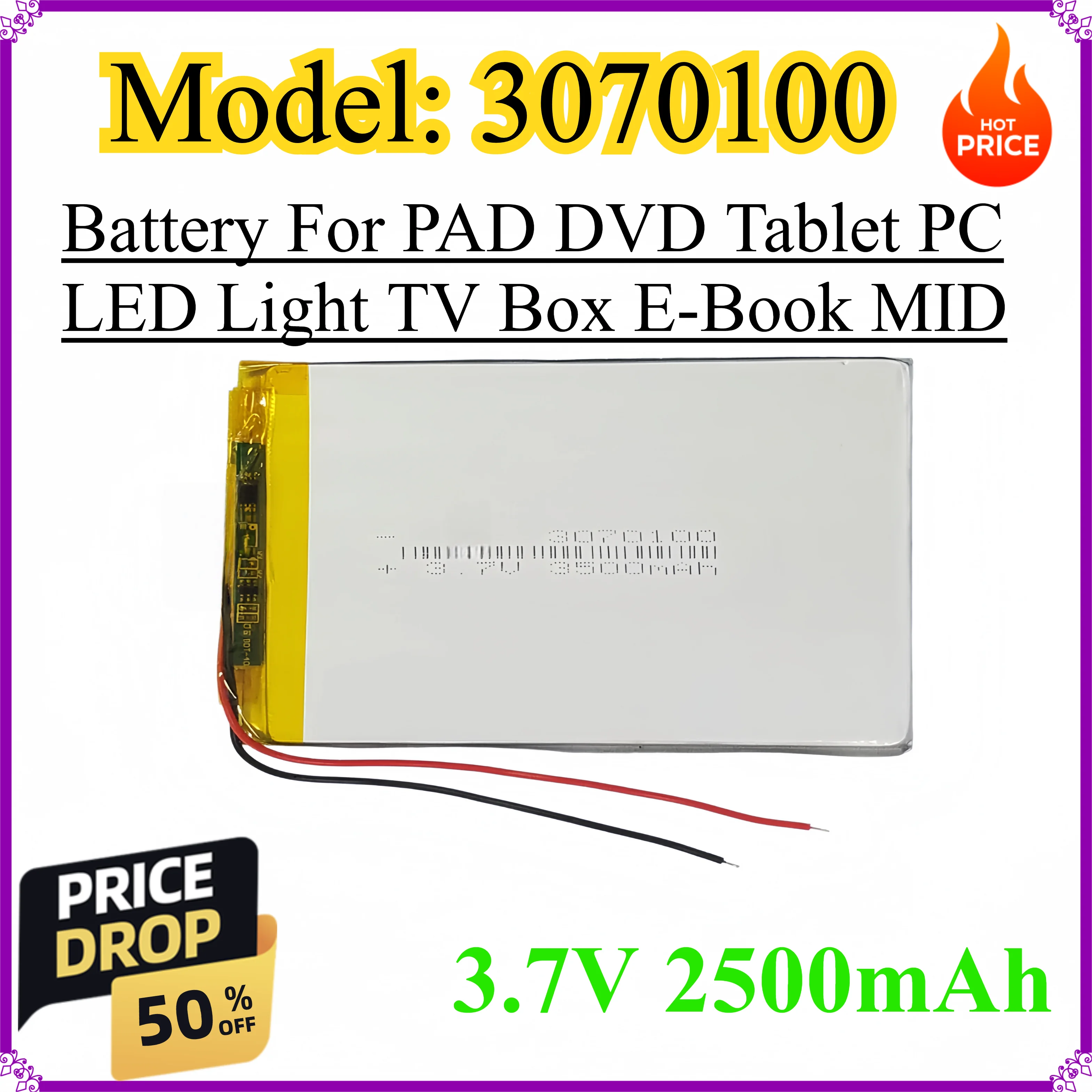 

3070100 3.7V 2500mAh Li-Polymer Lithium Lipo Battery Li-ion For PAD DVD Tablet PC LED Light TV Box E-Book MID