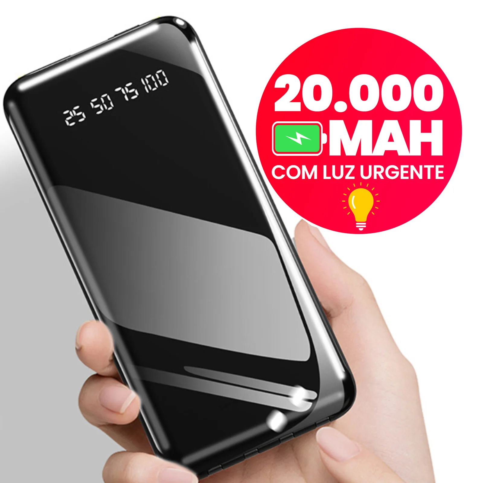 Power Bank 20000mAh com Lanterna LED de Alta Capacidade Recarregável Portátil Ideal para Camping, Emergências e Celular
