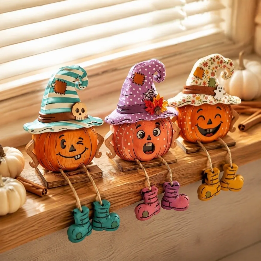 3PCS/SET 2D Flat Pumpkin-Shaped Wooden Ornaments Vintage Hand Painted Fall Pumpkin Table Ornament With Legs Cartoon