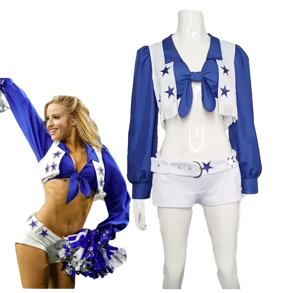 

Cowboys Cheerleader Costume Women Adult Star Cheerleading Sports Uniform Sexy Top and Shorts Set Halloween Fancy Dress