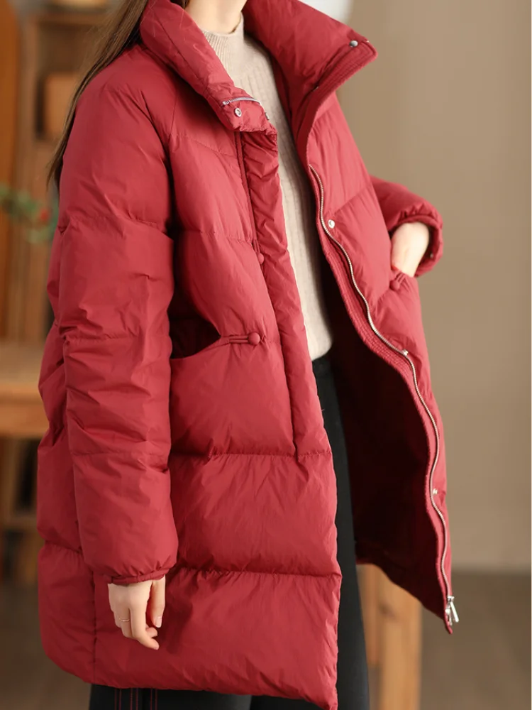 Women's Stand-up Collar Puffer Coats, Thick Down Jacket, Mid-length, Warm, Windproof, Simple, Stylish, Winter, New