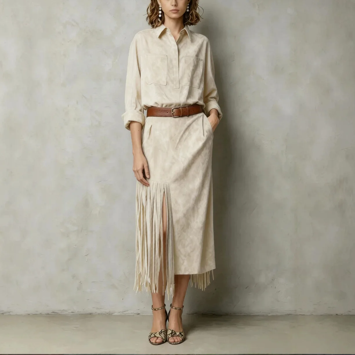 2026 Autumn. Collection: New Fashionable Women’s Clothes With False Suede V-neck Bated Waist, And [unk]fringed[unk] Hem, Long Ke