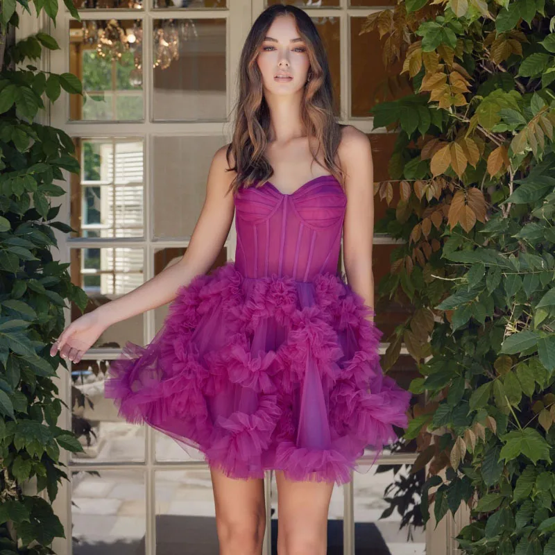 Dark Purple Evening Dress Tulle Tiered Strapless For Wedding Birthday Party Banquet Prom Evening Communion Gowns